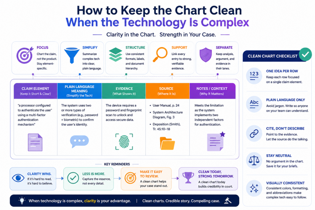 Complex technology does not require confusing writing. In fact, the more complex the invention is, the cleaner the chart must be.