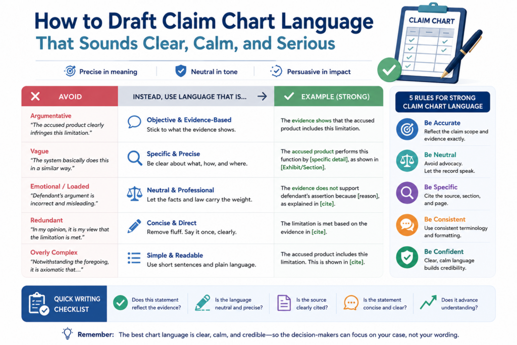 A claim chart should not sound like a sales pitch. It should not sound angry. It should not sound vague. The best tone is clear, calm, and serious.