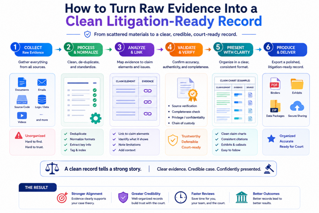 A claim chart is only as strong as the record behind it. The chart is the front page of the proof. The evidence record is the foundation under it.