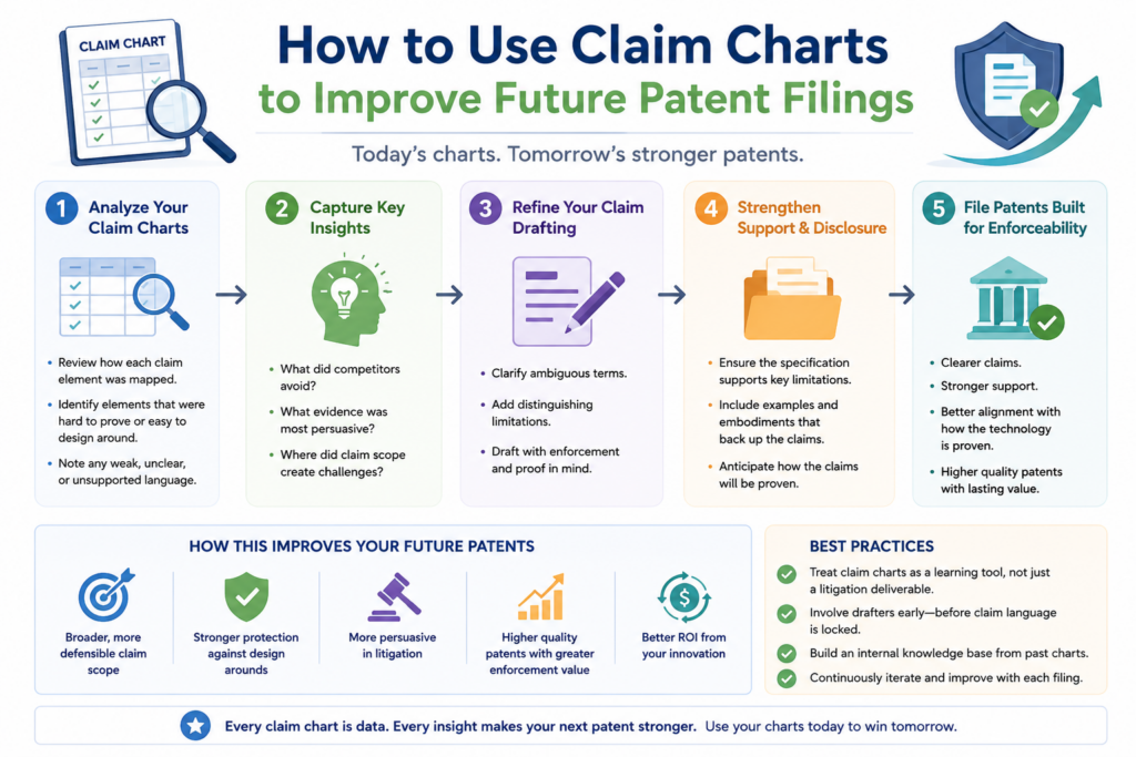 Claim charts are not only useful after a patent is granted. They can also make future patent filings stronger. This is especially true for startups that are still building and filing new applications.