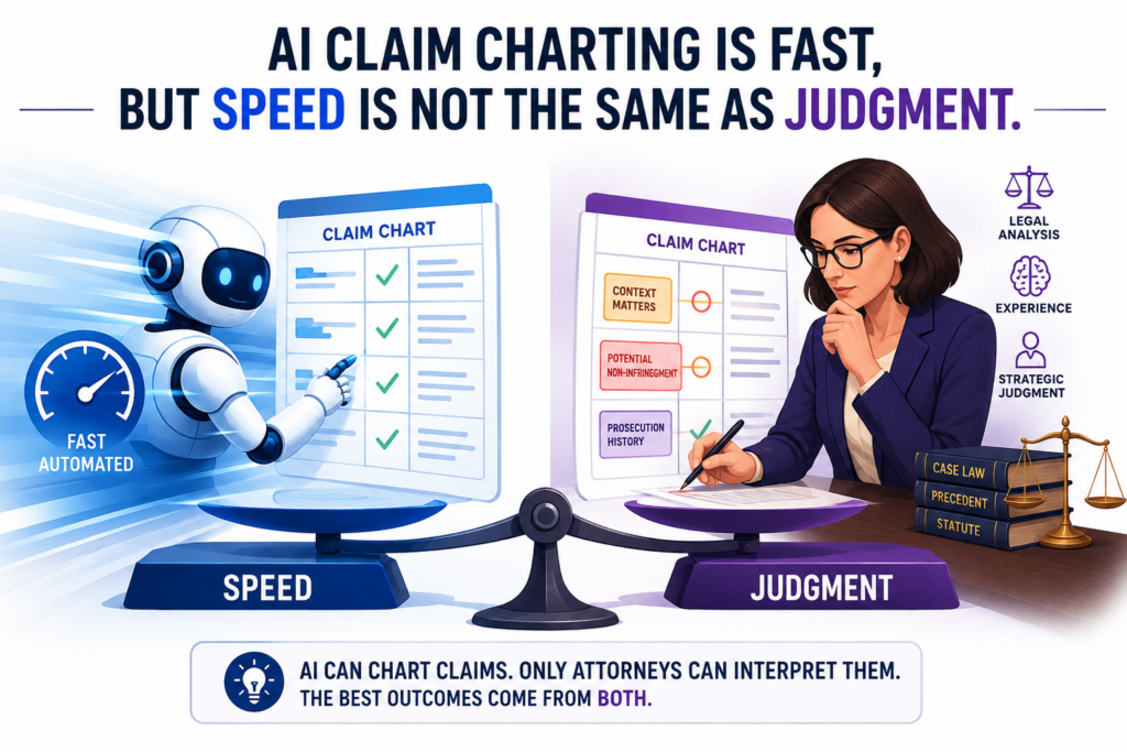AI is very good at doing the first pass of claim chart work. It can read claim language, find matching words in product pages, pull details from manuals, compare parts of a system, and place early evidence into a chart.