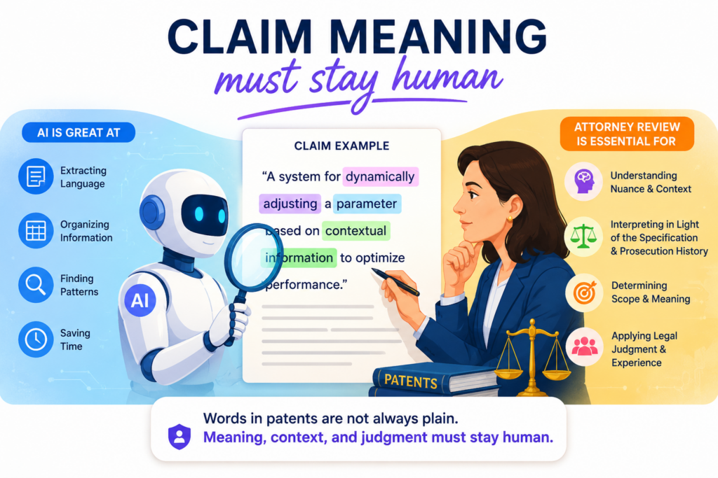A claim chart starts with the claim. That sounds simple, but it is often the hardest part. The words in a patent claim are not always used in the way a normal person would use them.