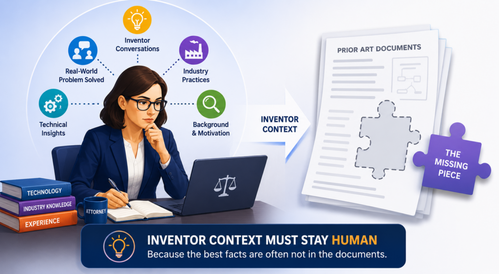 AI can read what is written. It cannot know what the inventor meant unless that meaning is captured somewhere. It cannot know why a design choice was made.