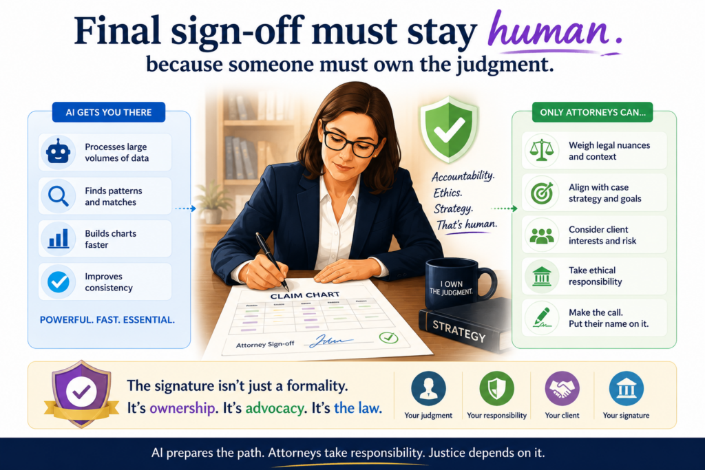 AI can assist. AI can draft. AI can compare. AI can flag patterns. But AI should not be the final signer of a claim chart that may guide real business action. Someone must own the judgment.