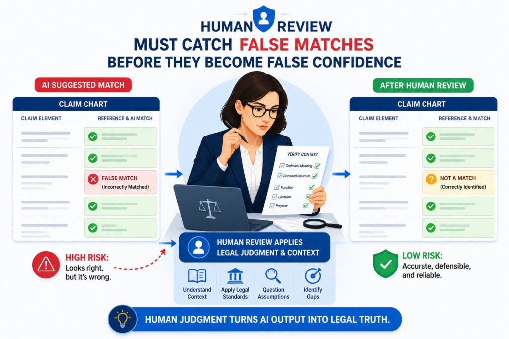 AI claim charting can make matches look easy. The tool reads the claim, scans the evidence, and fills the chart. In a clean table, each part seems to line up.