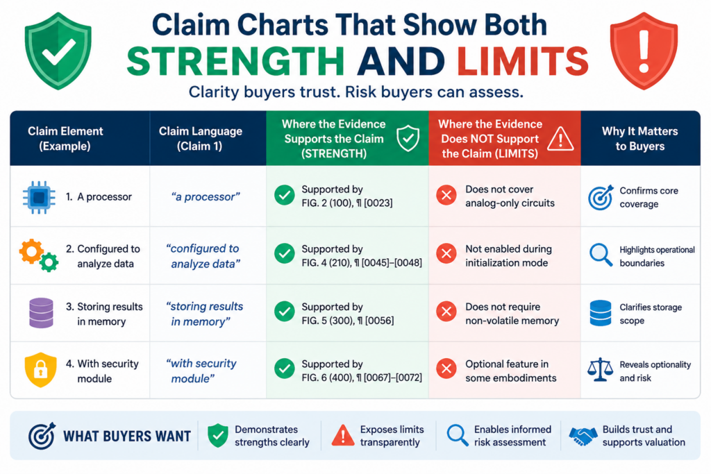 A strong claim chart does not try to make every patent look perfect. Buyers know that no patent is perfect.