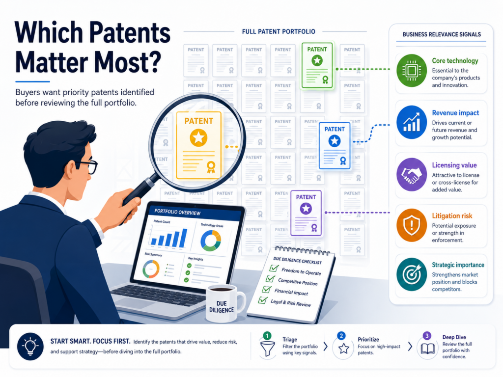 Not every patent in a portfolio carries the same weight. Buyers know this. A startup may have many filings, but only a few may protect the heart of the product.