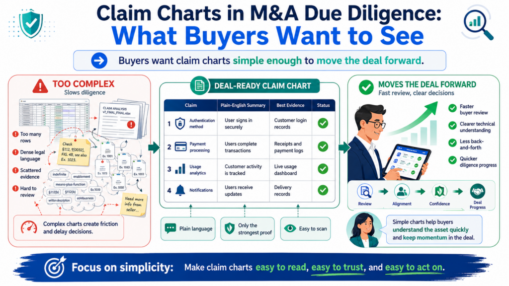 The best claim chart is not the longest one. It is the one that helps the buyer make progress. In M&A, every document should reduce friction.