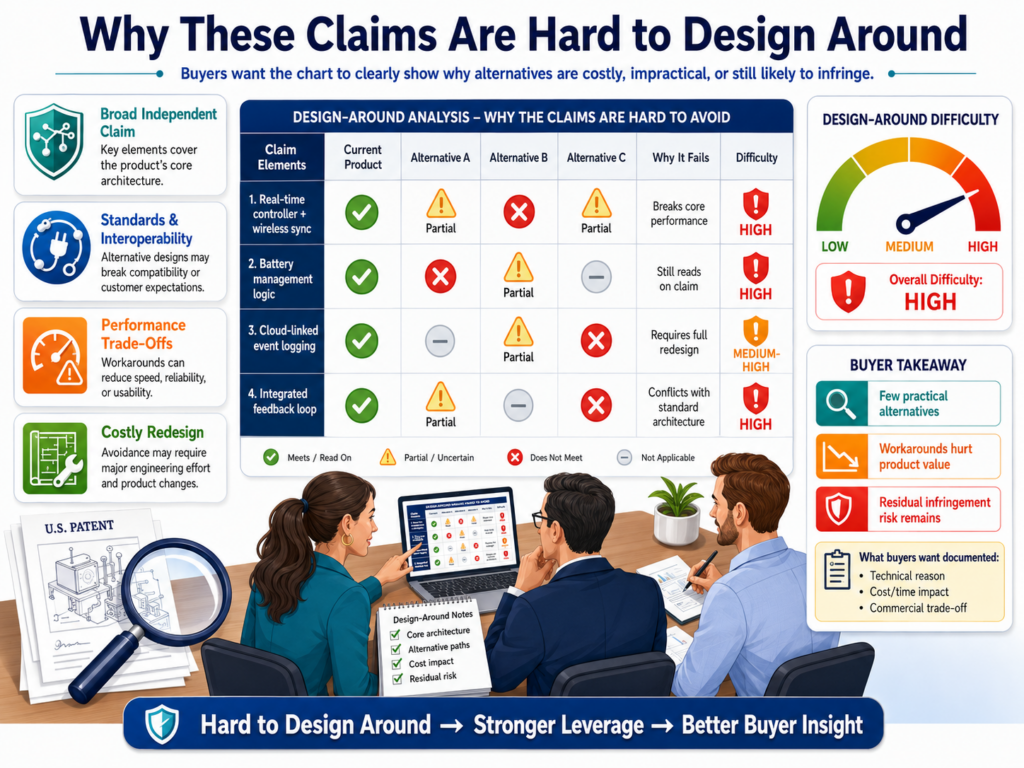A buyer does not only ask whether a patent covers the seller’s product. They also ask whether a smart rival could make a small change and avoid the claim.