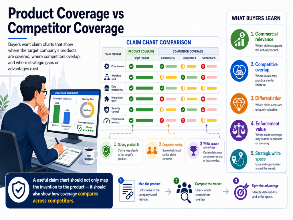 There are two kinds of claim charts that often appear in M&A. One maps the seller’s patents to the seller’s own product.