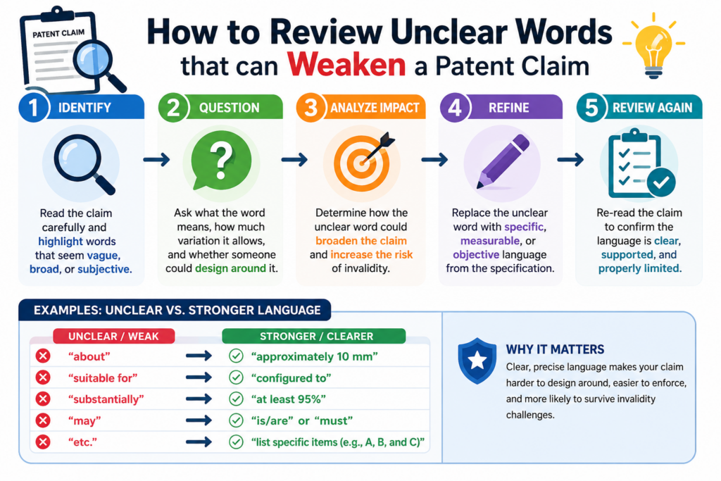Unclear words are dangerous because they make people guess. A patent claim should not force the reader to wonder what a key term means.