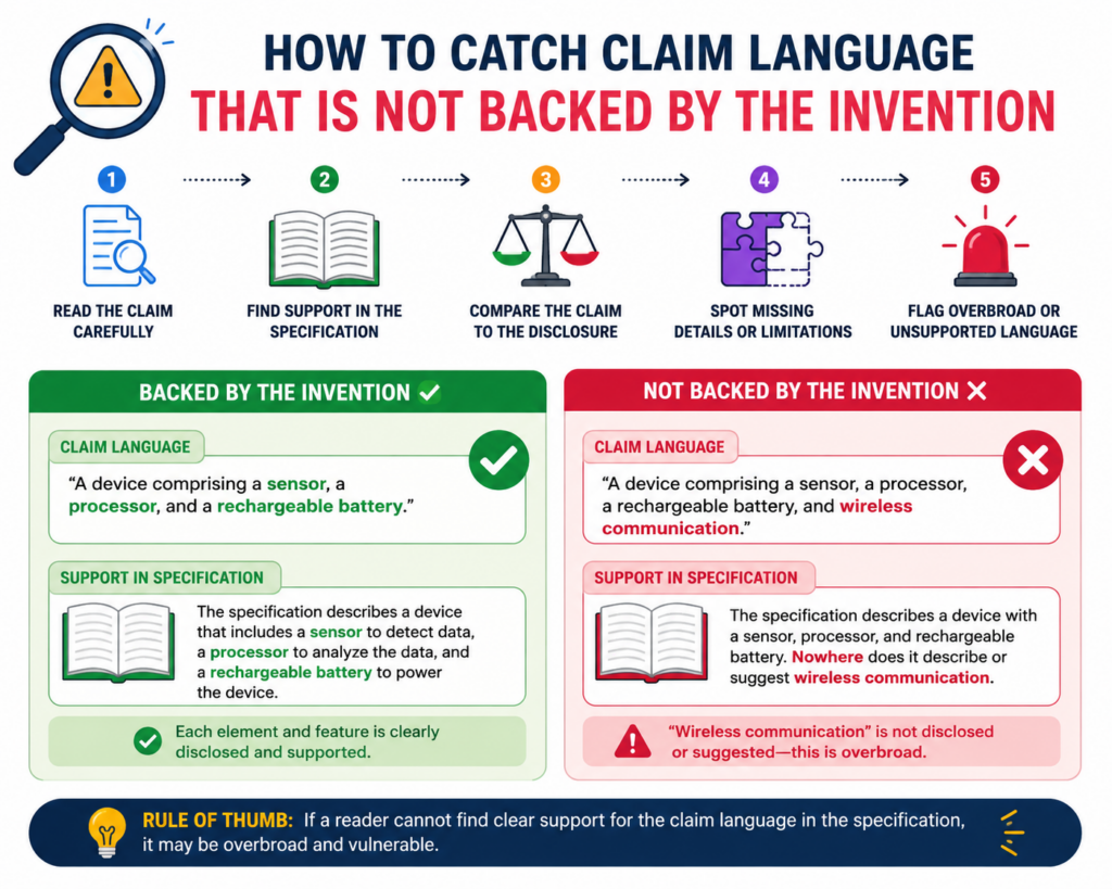A patent claim should be supported by what the patent describes. If the claim says the invention can do something, the rest of the patent should help show how.