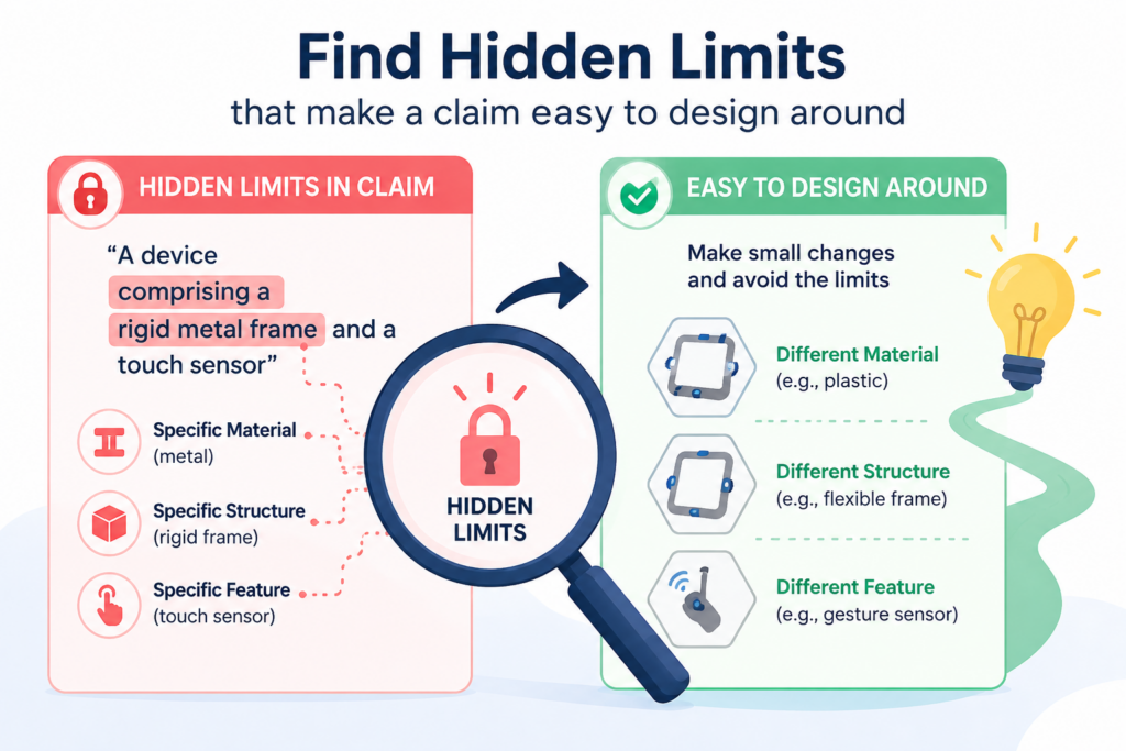 A hidden limit is a word or phrase that quietly narrows the claim more than you meant. It may seem small. It may even seem helpful. But if it is not needed, it can give a copycat a clean path around your patent.