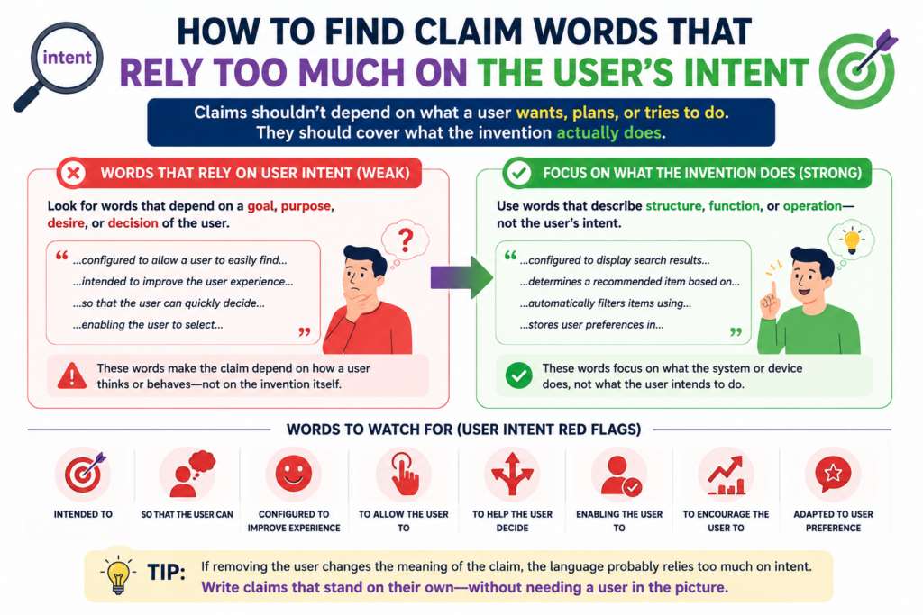 Claims can become weak when they depend too heavily on what a user wants, thinks, chooses, or prefers. User intent can matter in some inventions, but it is often hard to prove and hard to define.