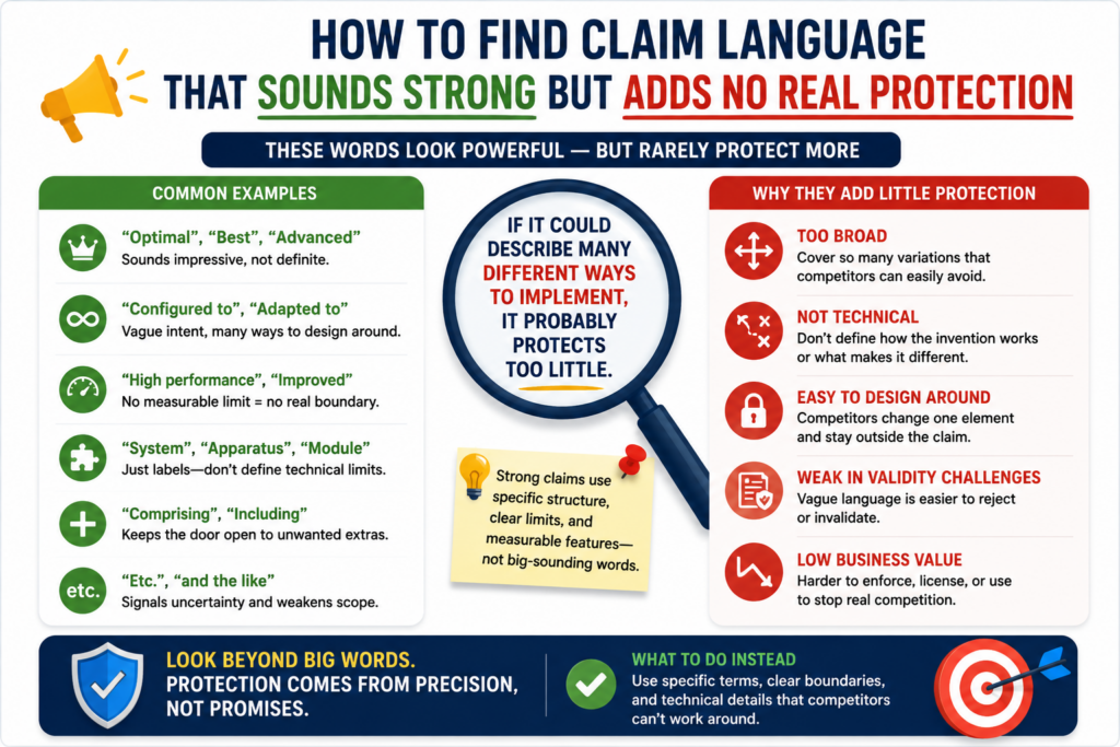 Some claim words sound powerful, but they do not actually protect much. They make the claim feel bigger without making it harder to copy. This kind of language can waste space and hide the parts that matter.
