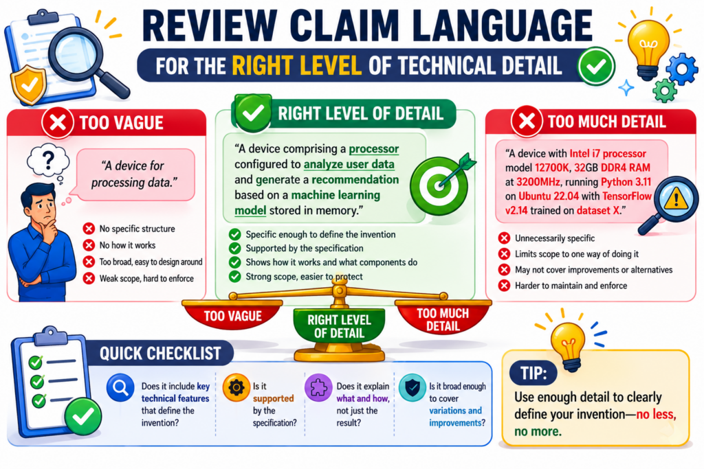 A patent claim needs enough detail to show the invention clearly, but not so much detail that the claim becomes tiny.