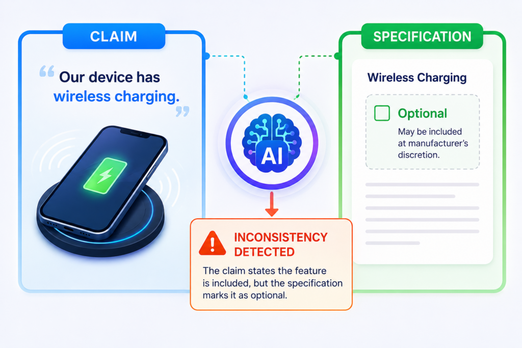 Another common mismatch happens when a claim makes something sound required, while the specification describes it as optional.