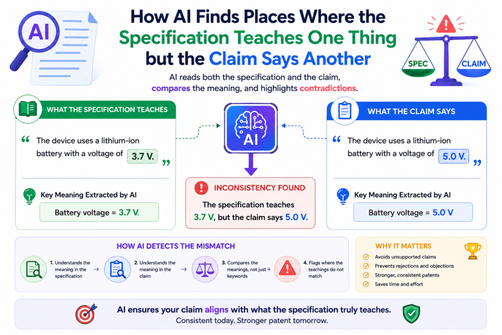 Some mismatches are direct conflicts. The specification says the system does one thing. The claim says it does something else.