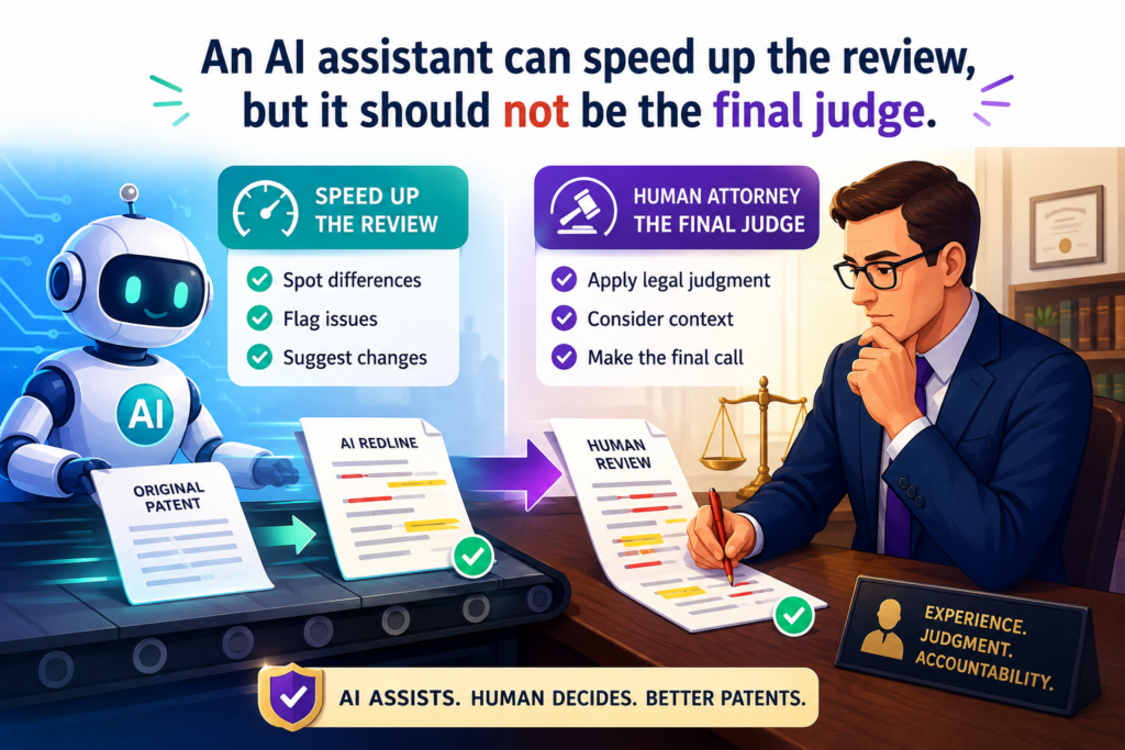 An AI assistant can be very useful in patent redline review. It can read large drafts quickly. It can compare claim terms. It can point out where a term appears in one section but not another. 