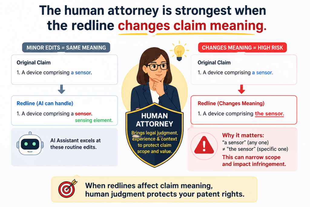 The claims are the heart of the patent. They define what the patent is trying to protect. This is why claim redlines deserve the most care. A change in the description may matter. 