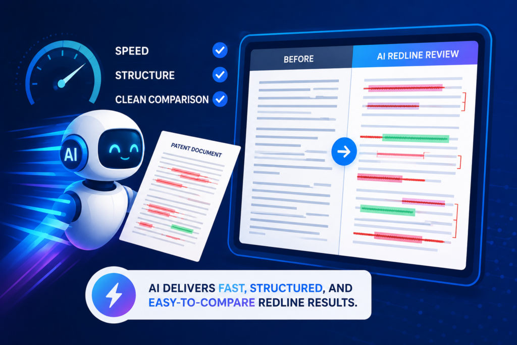 AI shines when the review has many moving parts. Patent drafts can be long. Redlines can be dense. The same idea may appear in the claims, summary, drawings, examples, and technical description. 