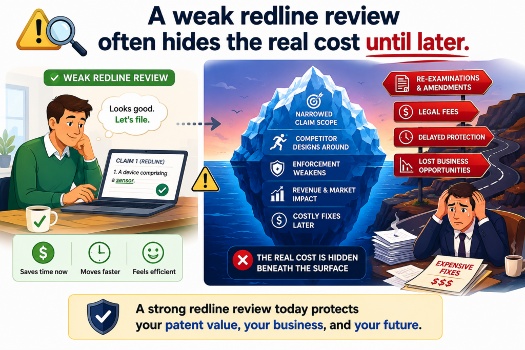 A poor patent redline review may not hurt right away. That is what makes it dangerous. The draft may look clean. The comments may be resolved. The document may be filed on time. 