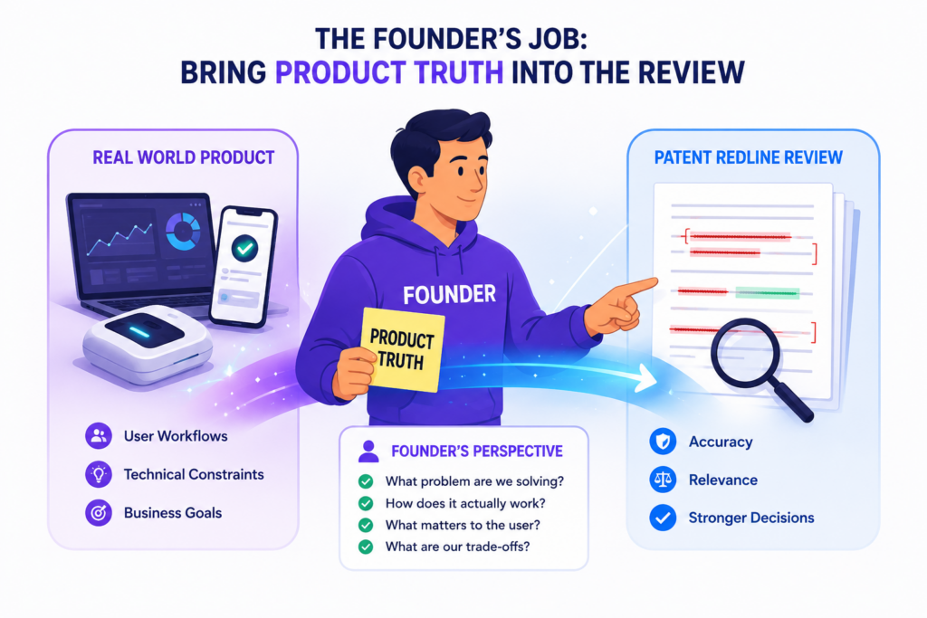 A founder does not need to know patent law to take part in a redline review. But the founder does need to bring product truth. 