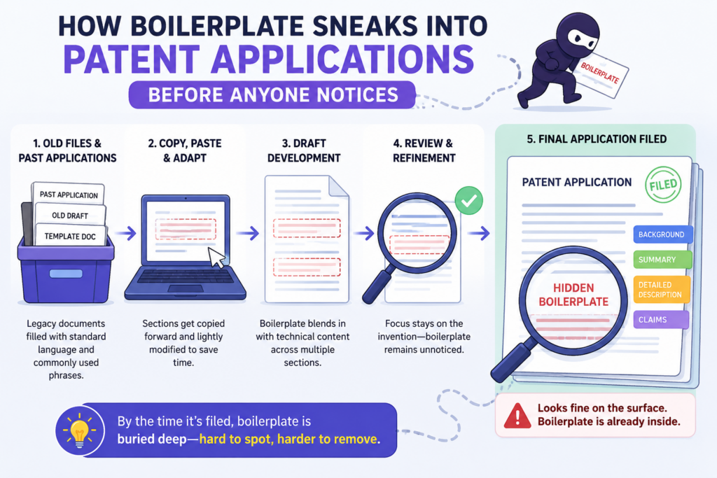 Boilerplate usually does not enter a patent application with bad intent. It often comes in because people are moving fast. A founder is trying to ship a product.