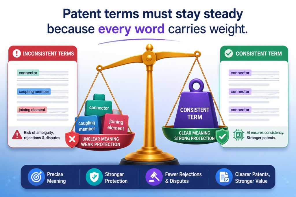 A patent is not like a normal blog post, pitch deck, or product note. In normal writing, using fresh words can make the writing feel better.