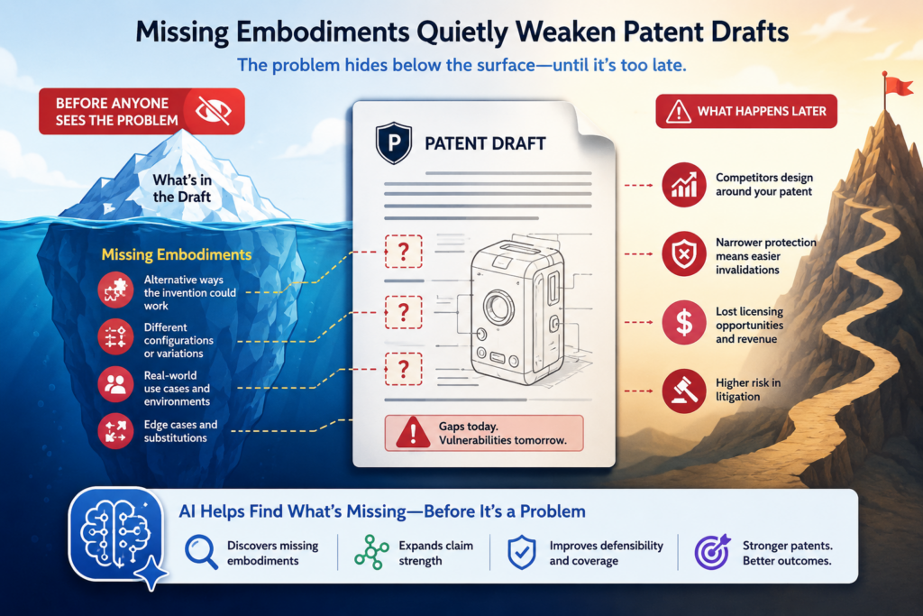 A patent draft can feel strong because it explains the main invention well. It may show the core system, the main method, and the key benefit. It may even sound polished.