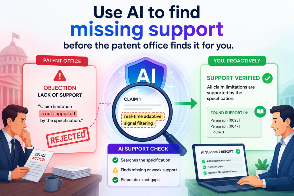 Missing support is one of the most common claim problems. It happens when a claim includes something that the specification does not clearly explain.