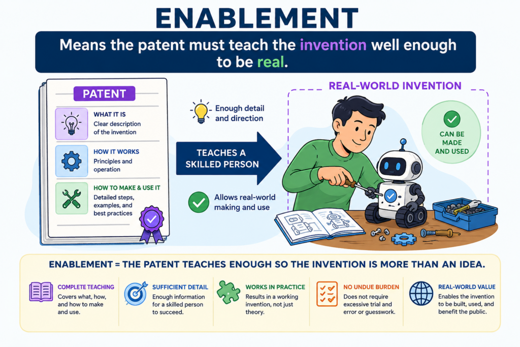 Enablement sounds complex, but the core idea is simple. A patent should teach someone skilled in the field how to make and use the invention without a huge guessing game.