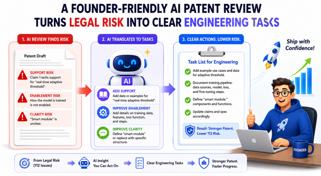 The worst kind of patent feedback is feedback a founder cannot use. A note that says “possible Section 112 issue” may be accurate, but it does not help much by itself. Founders and engineers need plain tasks.