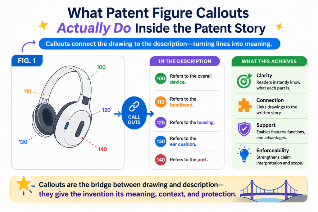 A callout is usually a number placed near a part of a drawing. A line may point from the number to the part.