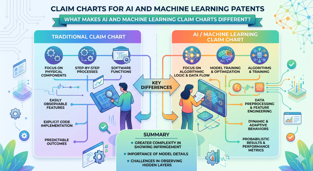 AI and machine learning claim charts are different because the invention may not be a fixed rule. In older software, the system often follows a clear set of steps.