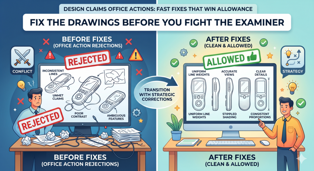 In design patent work, the drawing is not just a picture. It is the heart of the claim. That is why drawing problems show up so often in Office Actions.






























































































































































In design patent work, the drawing is not just a picture. It is the heart of the claim. That is why drawing problems show up so often in Office Actions.





