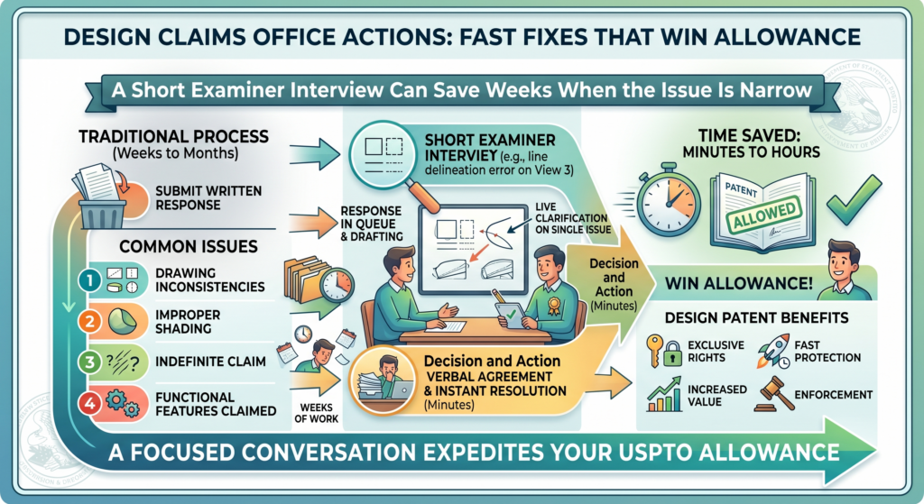 Sometimes the fastest fix is a conversation. If the Office Action turns on a narrow drawing issue, a broken-line question, a figure description problem, or a simple misunderstanding, an examiner interview may help.