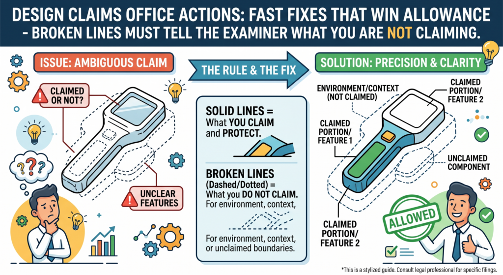 Broken lines are powerful because they help you show context without claiming everything. They can show parts of the product that are not part of the design.