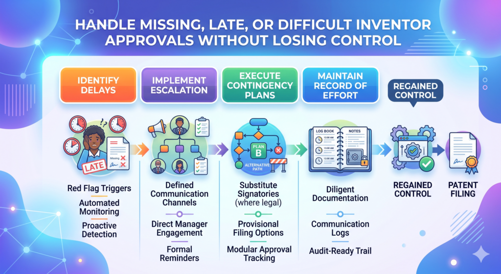Even with a strong process, inventor approvals can get stuck. An inventor may be traveling. Someone may have left the company.