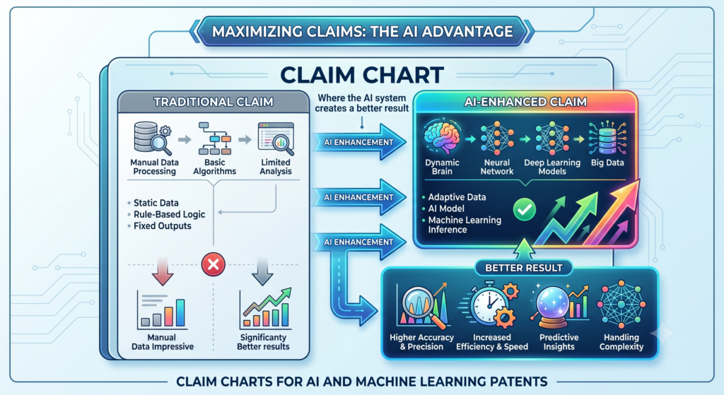 A claim chart is not only about matching words to features. It should also help show why the invention matters. This is very important for AI and machine learning patents because many AI systems do similar tasks on the surface.