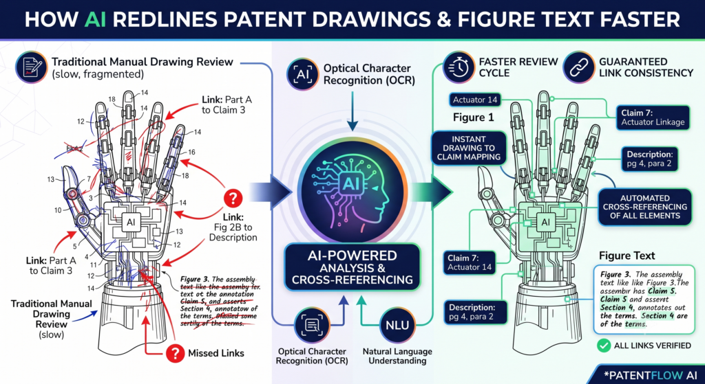 Patent drawings are not just pictures. They are part of the story of the invention. They help show how the system works, how parts connect, how steps happen, and how data or signals move.