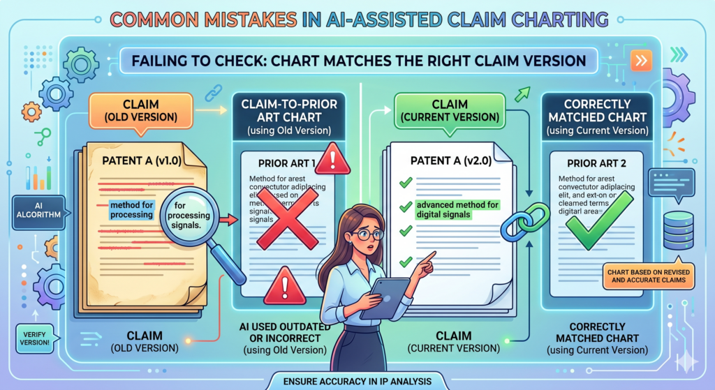 AI-assisted claim charting can go wrong before the first match is even made. One of the most basic but costly mistakes is using the wrong claim version.