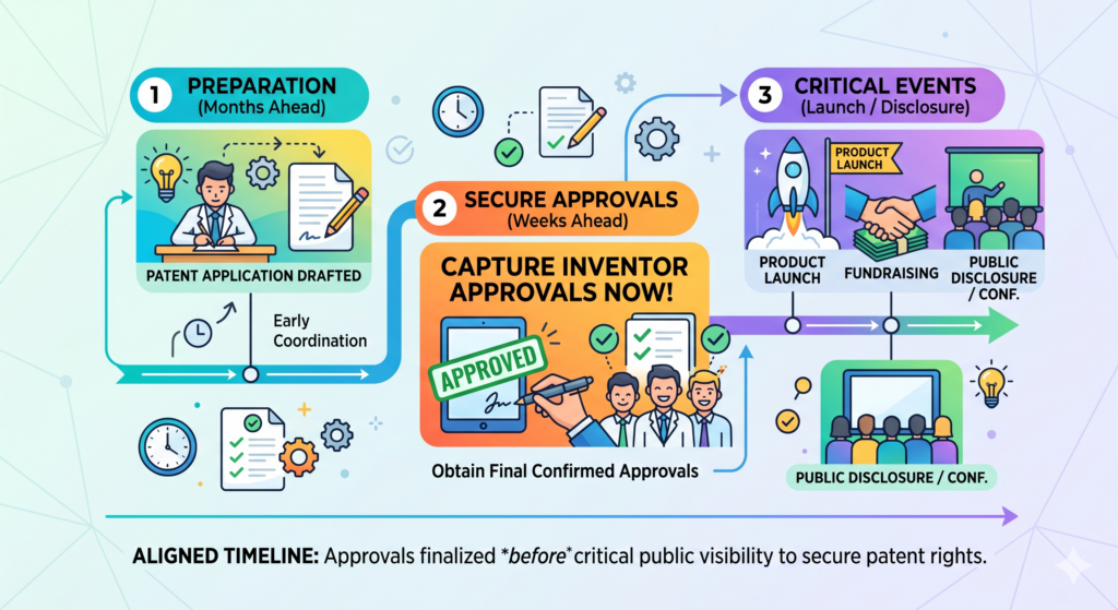 Inventor approval is not only a legal workflow issue. It is also a timing issue. For startups, timing can make or break the value of a patent filing.