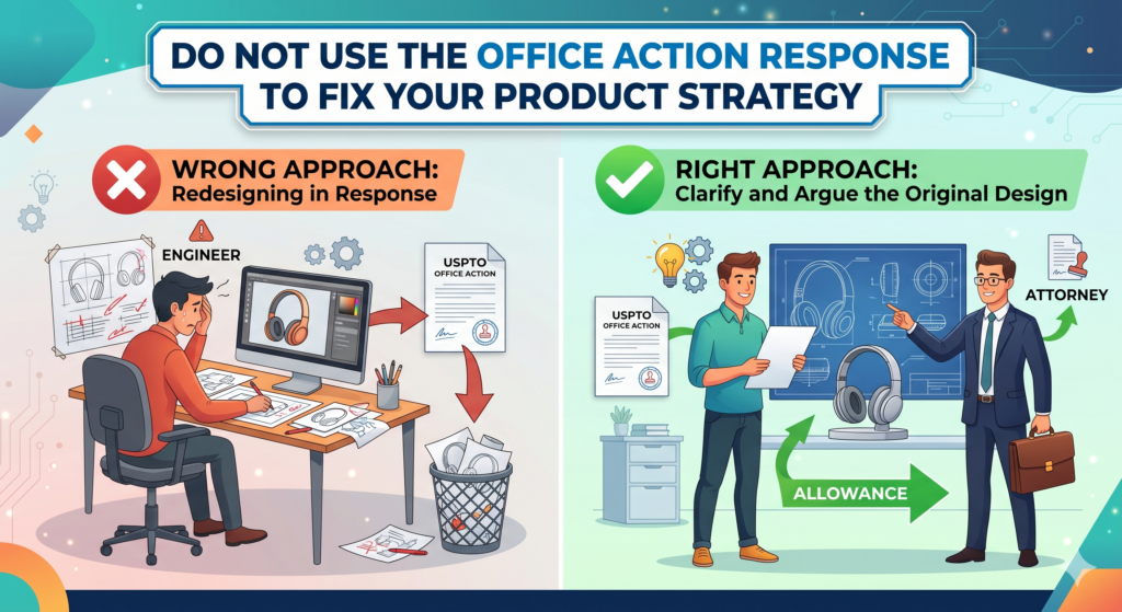 A design Office Action is not the place to rethink your whole product. It is not the place to add the new version your team just shipped.