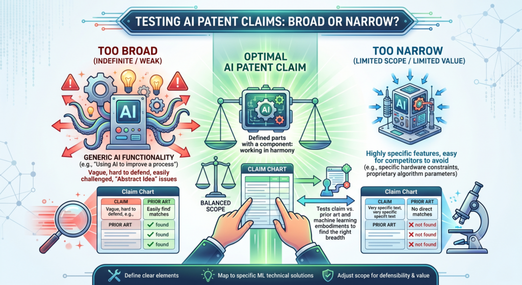 A claim chart is useful because it shows whether the claim matches the real invention at the right level. This is one of the hardest parts of AI patent work. If the claim is too broad, it may sound strong, but it may not have enough support.