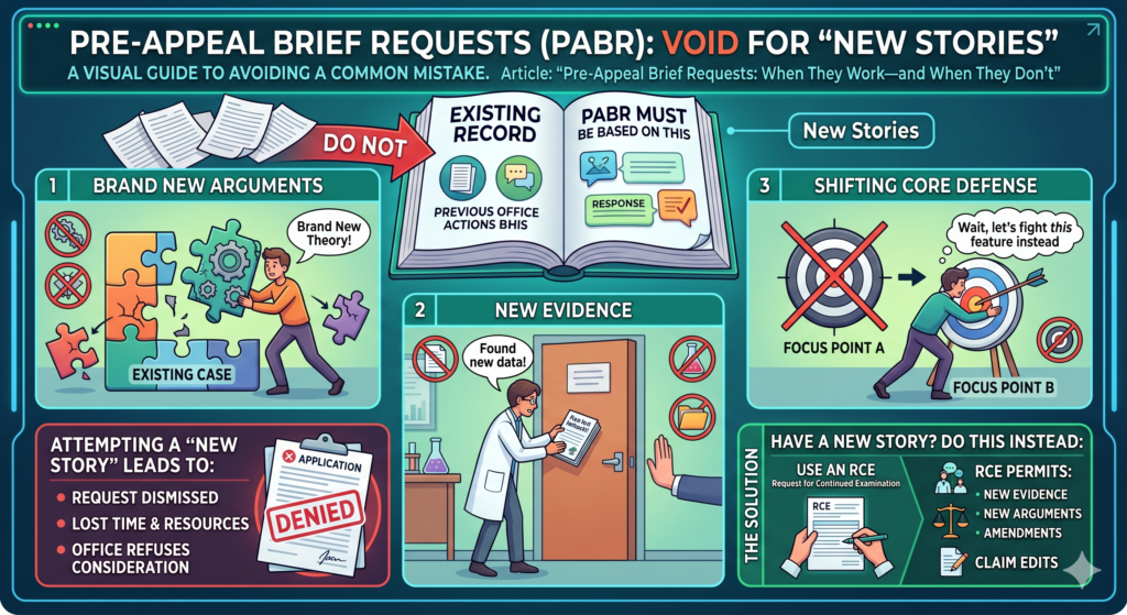 A pre-appeal request is not the right place to bring in a brand-new theory. It is also not the right place to explain a new product angle that was never tied to the claims.