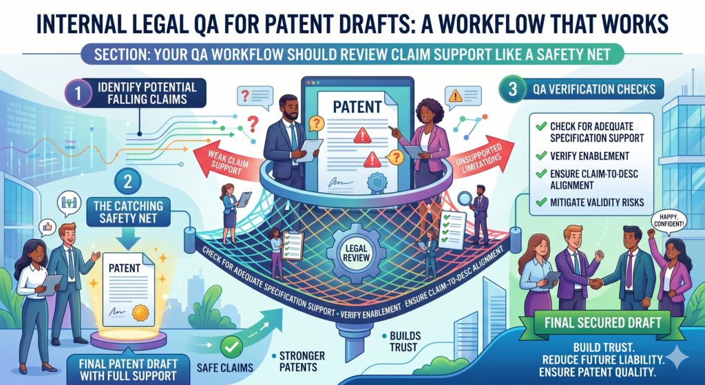 Claim support is the material in the draft that backs up what the claims say. It is the safety net under the claim set. If the claims reach for something the draft does not explain, the team may face problems later.