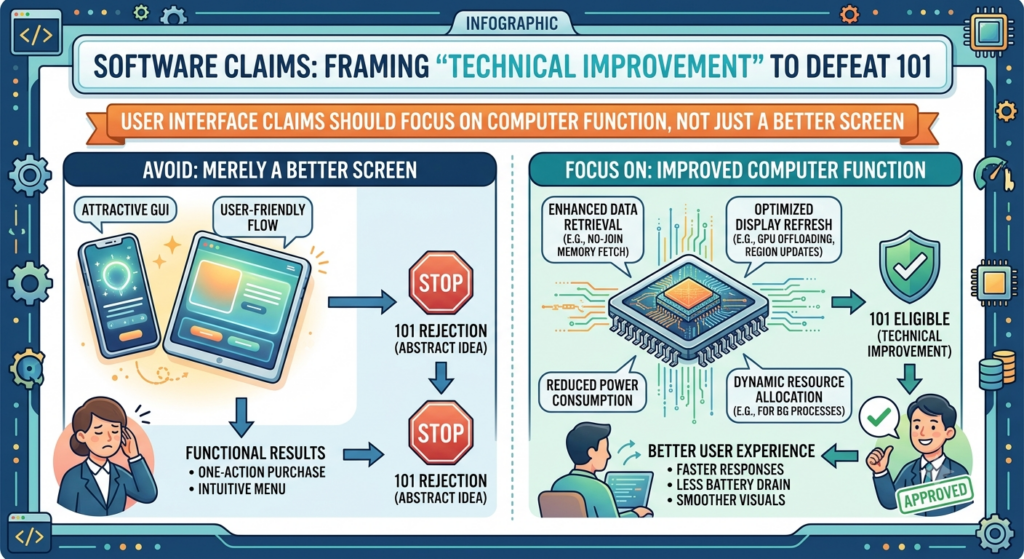 User interface inventions can be tricky. A better screen can help users, but a claim that only presents information in a nicer way may be weak.