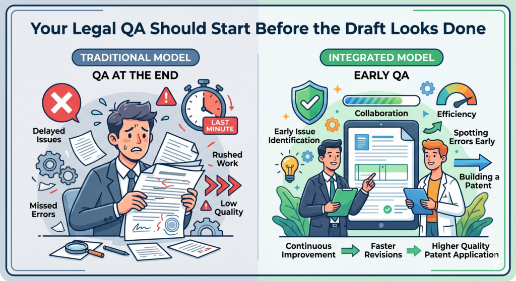 A good internal legal QA process does not start after the patent draft is “finished.” That is too late.