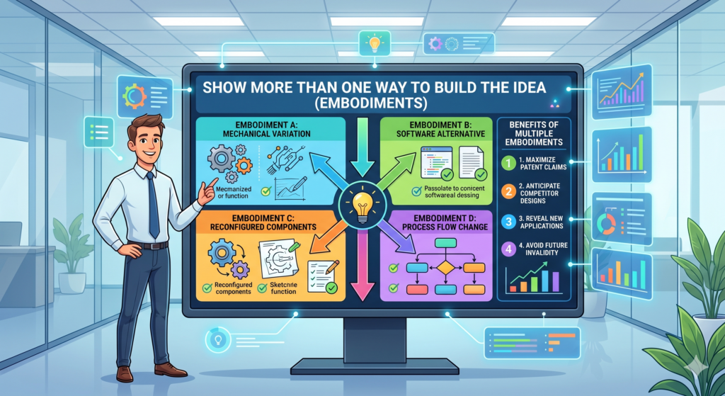 A patent draft that only describes one version of the invention may be too easy to design around.
